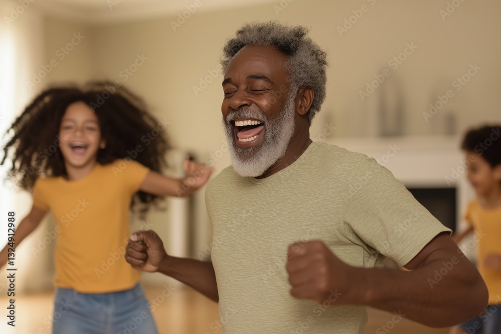 Fototapeta premium an elderly man joyfully dances with two young children, filled with laughter and happiness