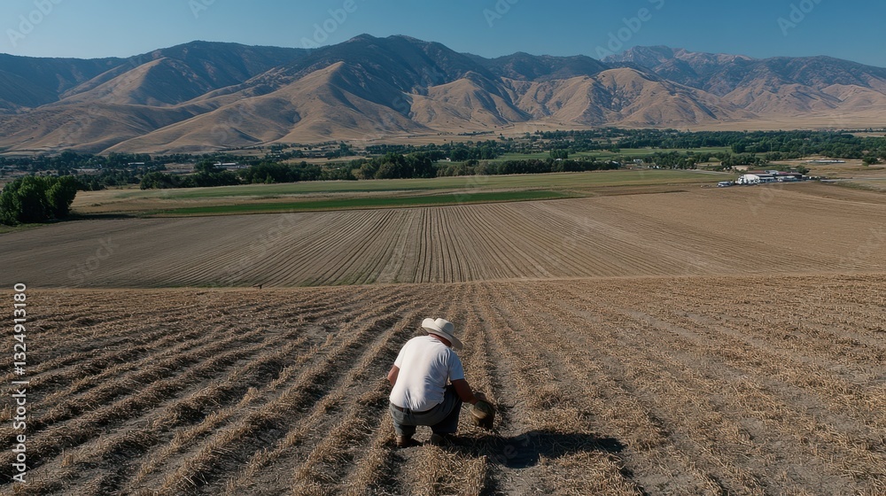 Obraz premium A solitary farmer tends to his crops under a vast sunny sky, illustrating dedication and harmony with the land amidst rolling hills.