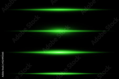 Set of green horizontal light lines. Neon light lines. Vector. EPS 10.