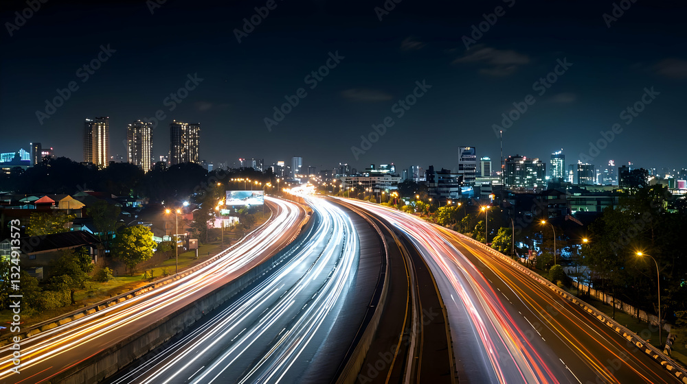 Nighttime Aerial View Of A Busy Highway With Car Headlights Trails Lighting Up The Dark Sky And City Skyline Nighttime Aerial View Of A Busy Highway With Car Headlights Trails Lighting Up The Dark Sky And City Skyline
