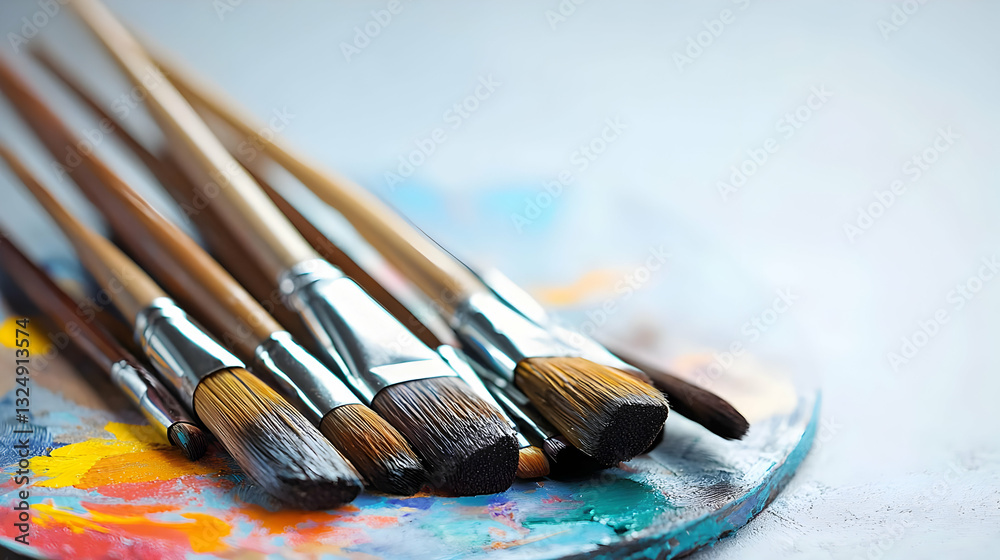 Obraz premium Close Up of Well Used Paintbrushes on a Colorful Palette with Paint Splatters in Soft Light