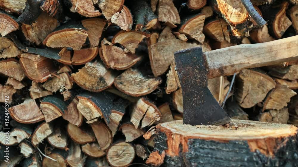 An axe with a wooden handle stuck in a wooden stump, harvesting firewood in the forest An axe with a wooden handle stuck in a wooden stump, harvesting firewood in the forest