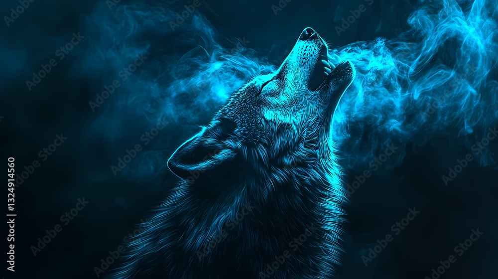 Obraz premium Majestic wolf howling with blue smoke on black background. Moonlit Vapors. Illustration