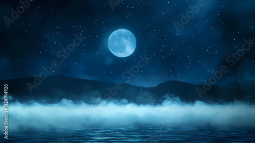 Mystical moonlit fog, night scene, background. Moonlit Vapors. Illustration photo