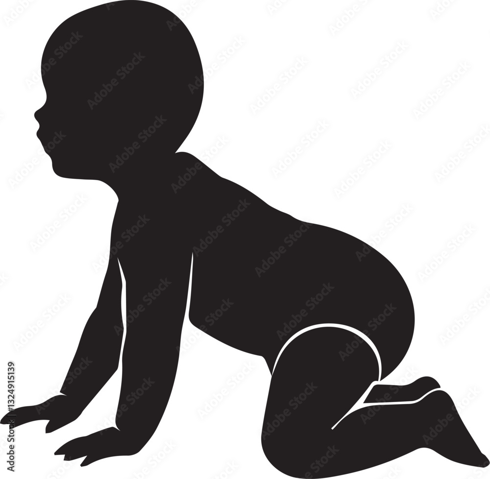 A Curious Babys First Crawl, A Tiny Explorer Discovering The World, Captured In Bold Black Silhouette Against A Pure White Backdrop Isolated on Transparent Background A Curious Babys First Crawl, A Tiny Explorer Discovering The World, Captured In Bold Black Silhouette Against A Pure White Backdrop Isolated on Transparent Background