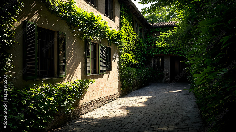 Exterior View of Stone Building with Green Ivy Vegetation Sunlight on Paved Path Exterior View of Stone Building with Green Ivy Vegetation Sunlight on Paved Path