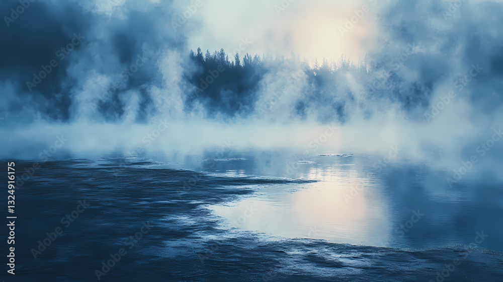 Fototapeta premium Soft blue vapor drifts across an empty, moonlit lake, desolate shoreline, mystical aura. Moonlit Vapors. Illustration