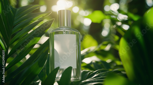 Transparent perfume bottle with a blank label surrounded by lush tropical green leaves and sunlight. photo