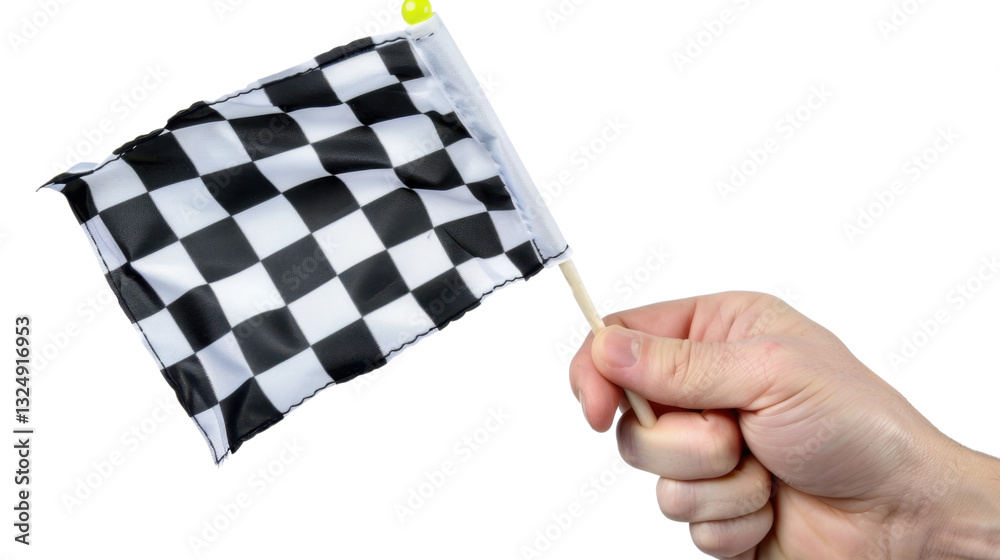 Obraz premium Hand holding checkered flag on transparent background