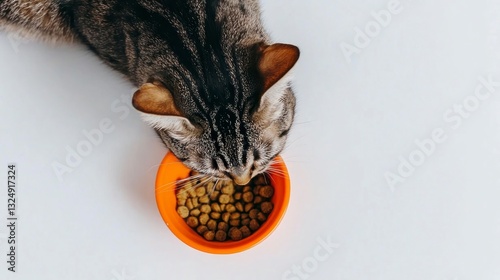 Top view of cat eating dry food from orange bowl on white background