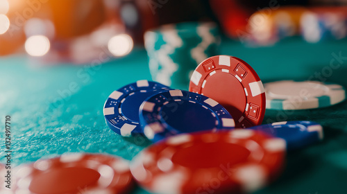 Stacks of red, blue, and green poker chips with playing cards on a casino table. photo