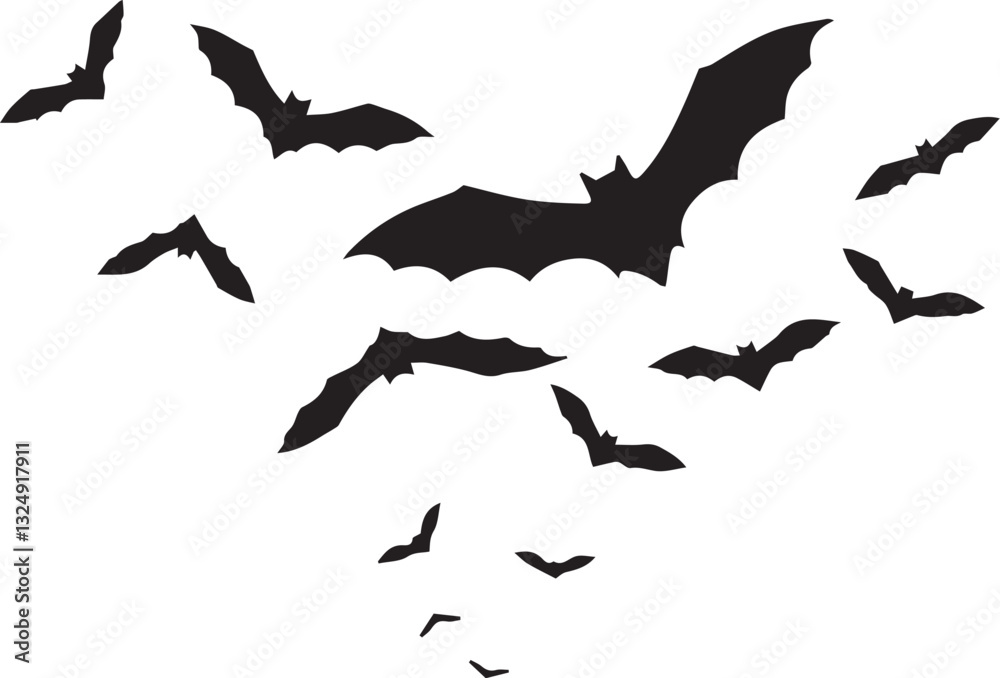 Naklejka premium A Flock Of Bats Soaring Through The Night Sky In A Dramatic, Heart-shaped Formation With Stark Black Silhouettes Against A Isolated on Transparent Background
