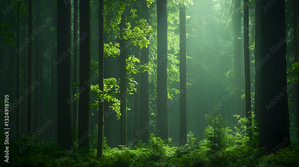 Naklejka premium Lush Green Forest Scene With Sunlight Shining Through Trees Creating Atmospheric Light And Shadow