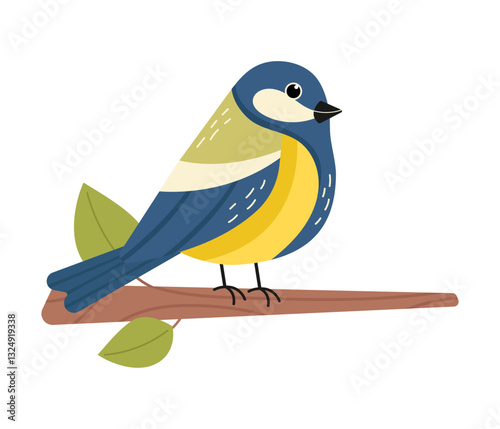Cute blue tit bird sitting on a branch. Colorful woodland bird illustration in flat style. Nature and wildlife concept.