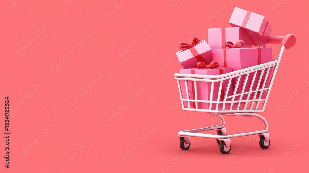 Pink Shopping Cart Filled with Gift Boxes on a Vibrant Coral Background Pink Shopping Cart Filled with Gift Boxes on a Vibrant Coral Background