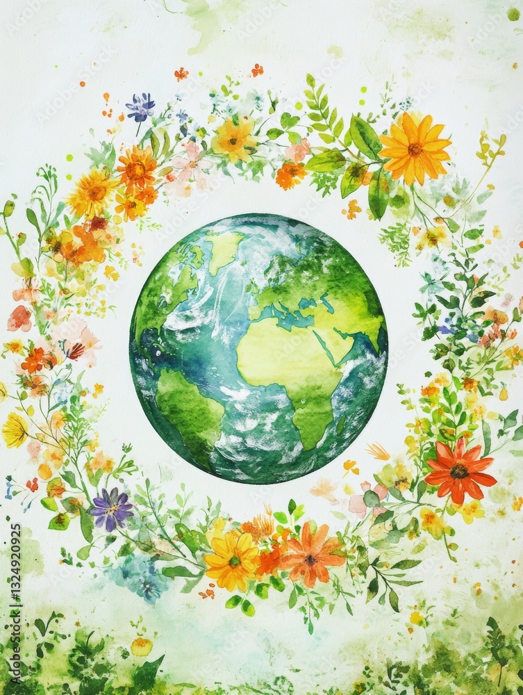 Naklejka premium A beautiful watercolor painting of Earth encircled by lush green leaves and colorful flowers, symbolizing nature, conservation, and environmental harmony. 