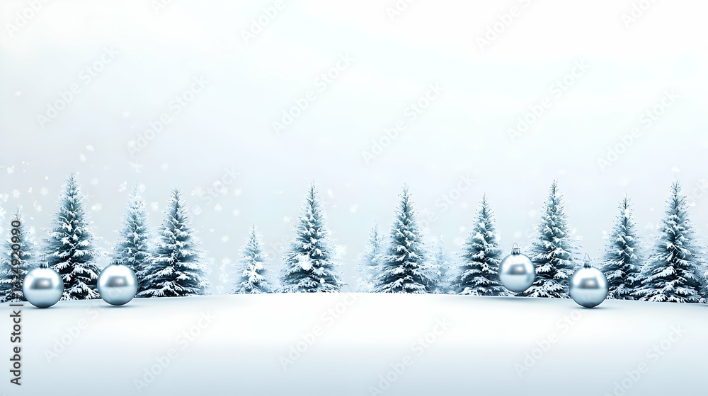 Obraz premium Winter Wonderland Scene Featuring Snowy Trees and Silver Ornaments Against a Soft White Background