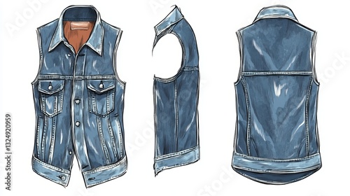 Flat sketch of a denim jeans vest. Waistcoat design for apparel