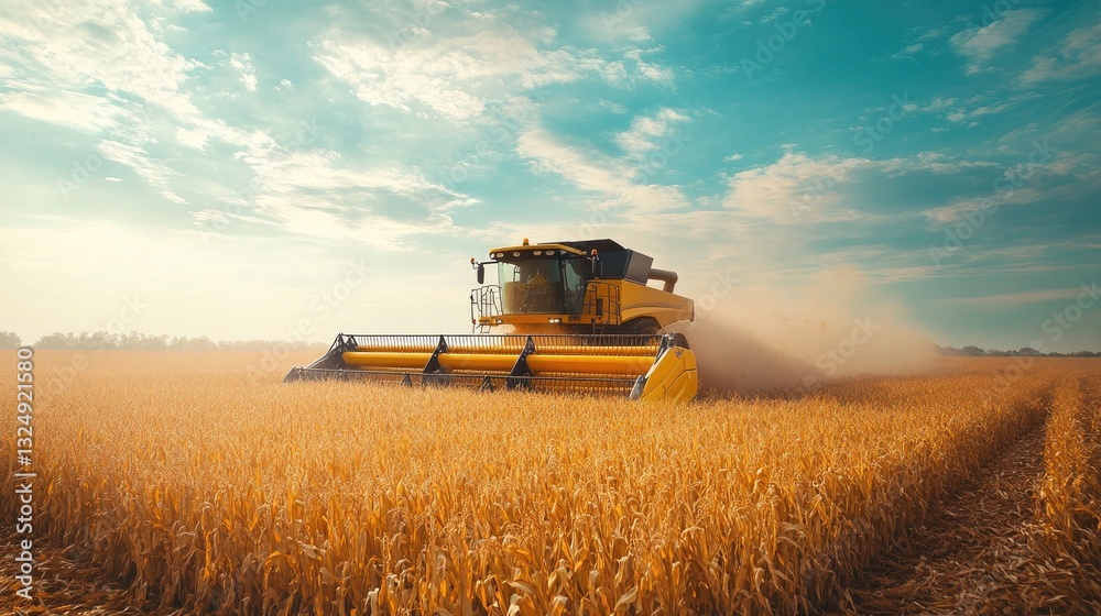 Fototapeta premium Huge industrial combine harvester collecting corn in a vast agricultural field.