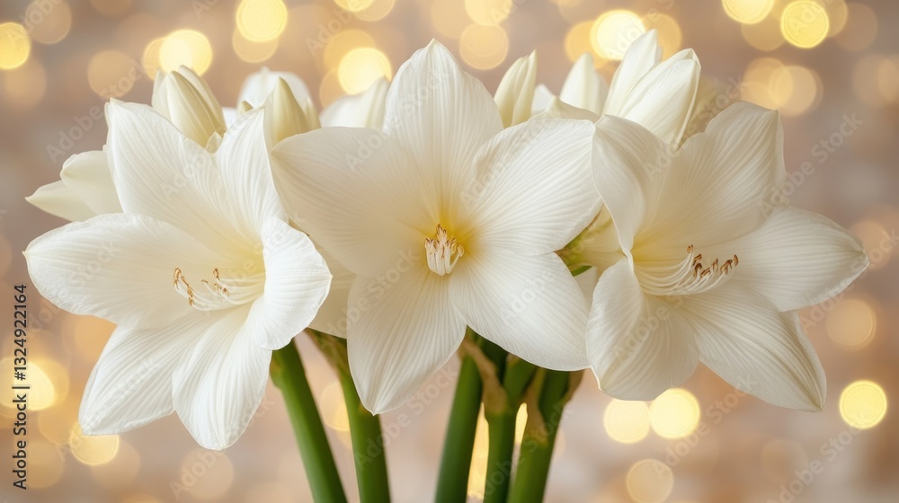 Obraz premium Elegant white amaryllis bouquet against golden bokeh