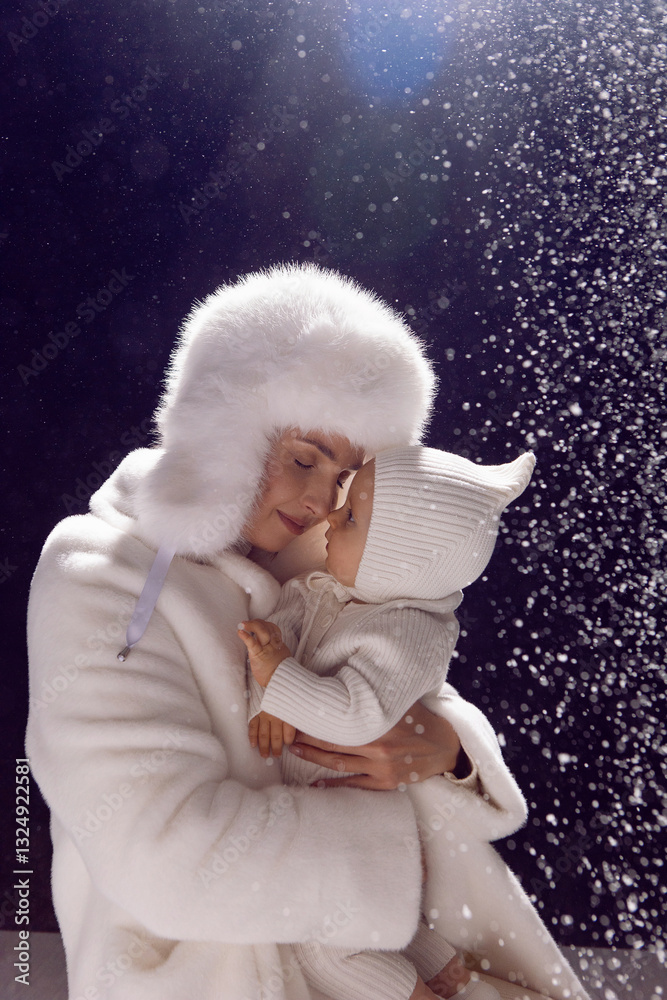 A mother hugs her daughter in her arms in white fur hats on Christmas Day. Snow is falling, the counterlight is in the back