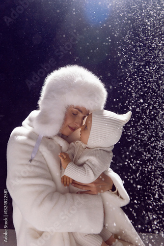 Obraz na płótnie A mother hugs her daughter in her arms in white fur hats on Christmas Day. Snow is falling, the counterlight is in the back w salonie