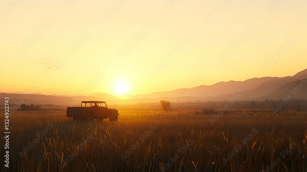 Fototapeta premium Golden Sunset Over Wheat Field With Silhouette Tractor Under Soft Sunlight