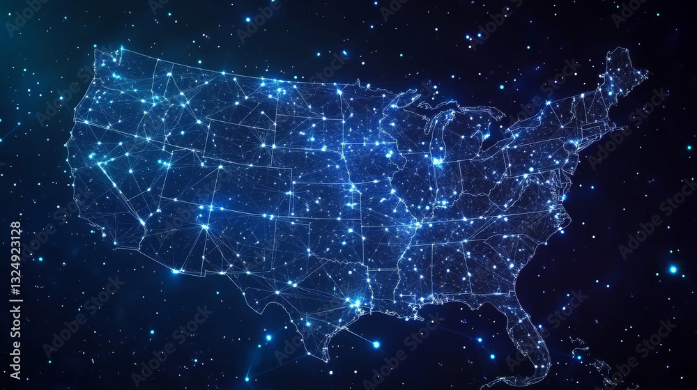 Abstract image of a USA map in the form of a starry sky or space, consisting of points, lines, and shapes in the form of planets, stars and the universe. USA map vector wireframe concept Abstract image of a USA map in the form of a starry sky or space, consisting of points, lines, and shapes in the form of planets, stars and the universe. USA map vector wireframe concept