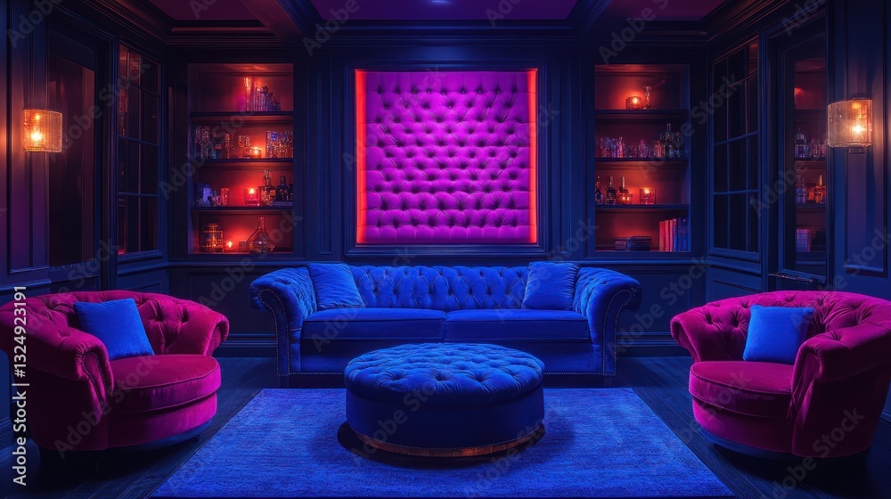 Luxury lounge bathed in deep indigo and vibrant fuchsia lighting, high-end ambiance Luxury lounge bathed in deep indigo and vibrant fuchsia lighting, high-end ambiance