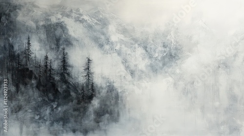 A monochrome painting of mountains and a dark forest scene
