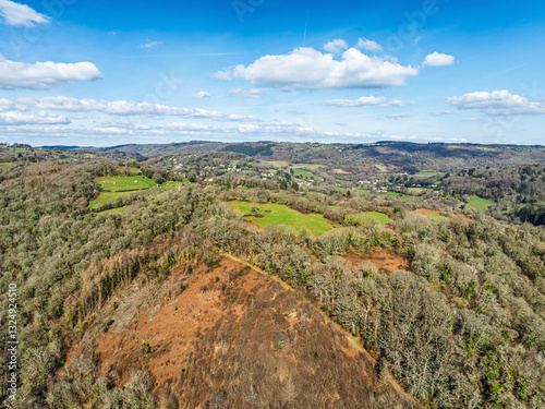 Farms and Woods over East Dartmoor National Nature Reserve from a drone, Yarner Wood, Lustleigh, Newton Abbot, Devon, England