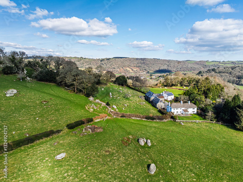 Farms and Woods over East Dartmoor National Nature Reserve from a drone, Yarner Wood, Lustleigh, Newton Abbot, Devon, England