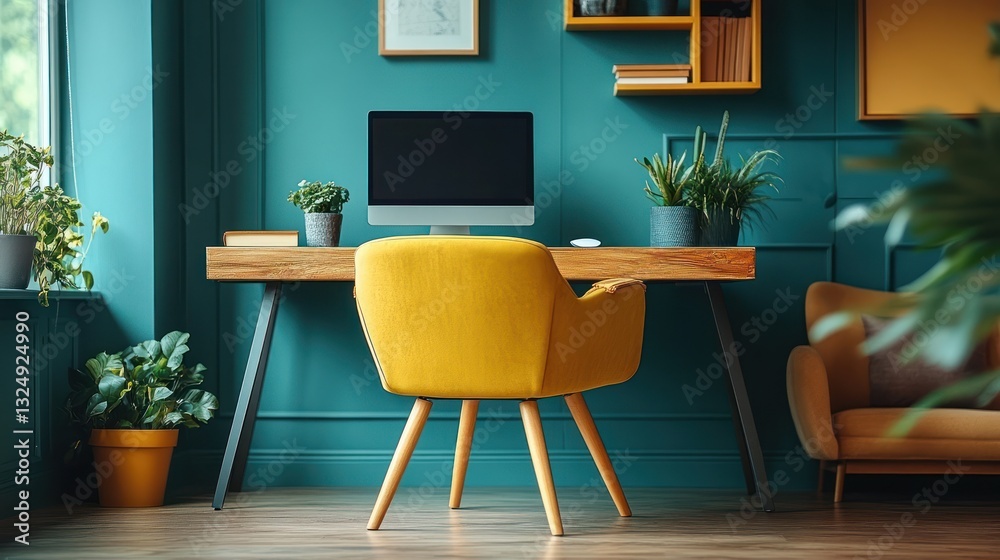 Fototapeta premium Minimalist workspace with bright teal and warm mustard accents, stylish simplicity