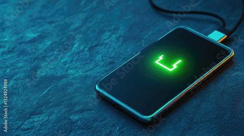 Modern smartphone connected to a charging cable, battery icon glowing green.