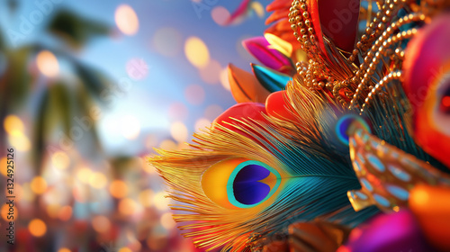 Vibrant peacock feathers and tropical flowers at a festive outdoor party with warm lights and palm trees. photo
