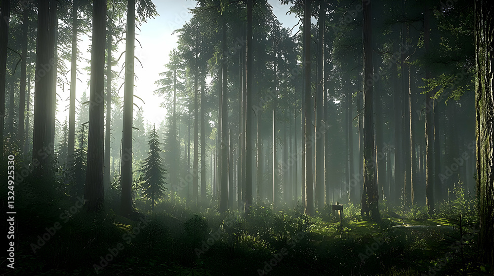 Naklejka premium Lush Green Forest with Sunlight Filtering Through Tall Trees Creating Dramatic Shadows and a Tranquil Atmosphere