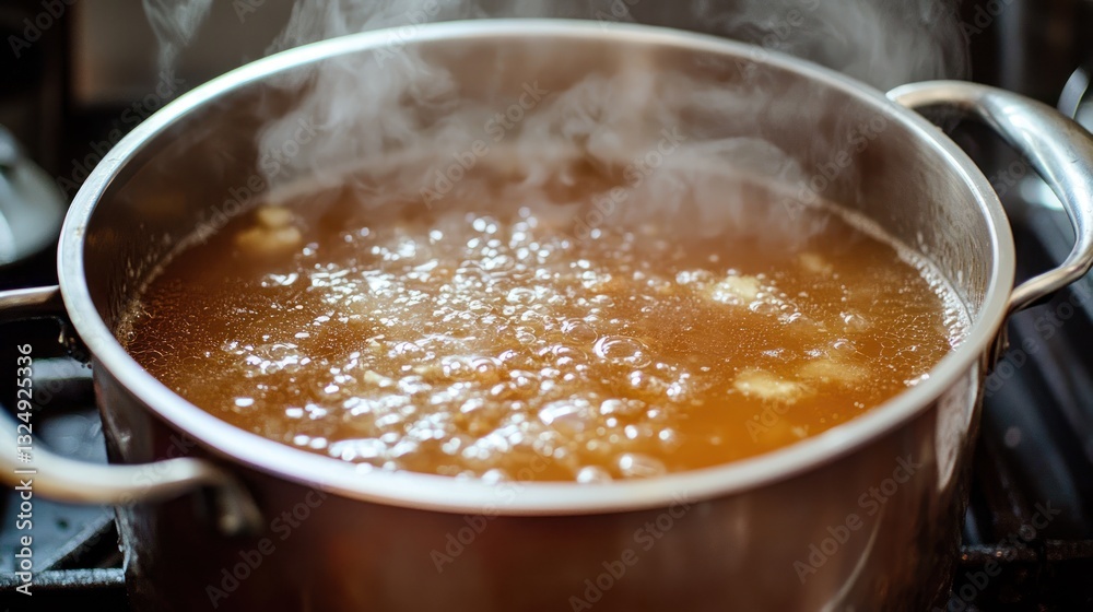 Simmering stockpot filled with broth, infusing savory essence and aromatic steam Simmering stockpot filled with broth, infusing savory essence and aromatic steam