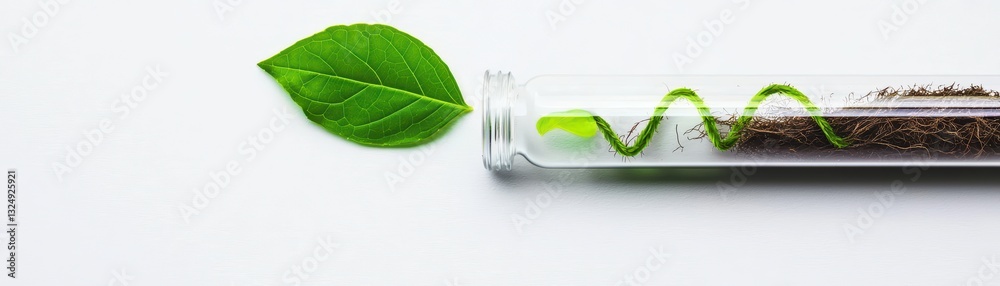 Obraz premium Isolated Transparent Test Tube with Green Leaf and Roots in Science Conceptual Imagery