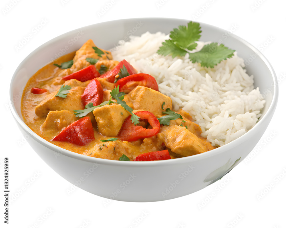 Spicy Indian Chicken Curry with Coconut Milk and Rice Garnished with Fresh Coriander Spicy Indian Chicken Curry with Coconut Milk and Rice Garnished with Fresh Coriander