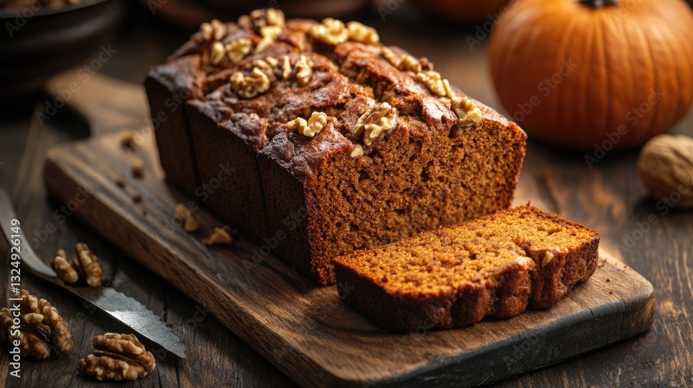 Fototapeta premium Deliciously Warm & Sliced Pumpkin Loaf: A Sweet Snack with Walnut Crunch, Perfect for Dessert Lovers