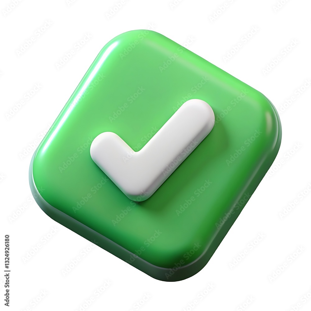A Bright Green Square Button Showcasing A Bold White Checkmark Symbolizing Accomplishment And Success With A Glossy, 3d Design