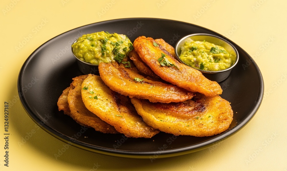 Delicious patacones served with garlic sauce and guacamole on a smooth black plate with a muted yellow background Delicious patacones served with garlic sauce and guacamole on a smooth black plate with a muted yellow background
