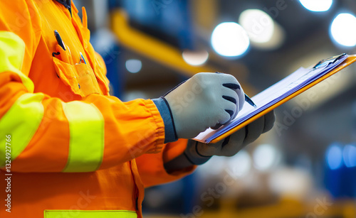 Close-up of a warehouse worker in orange safety gear writing on a clipboard. photo
