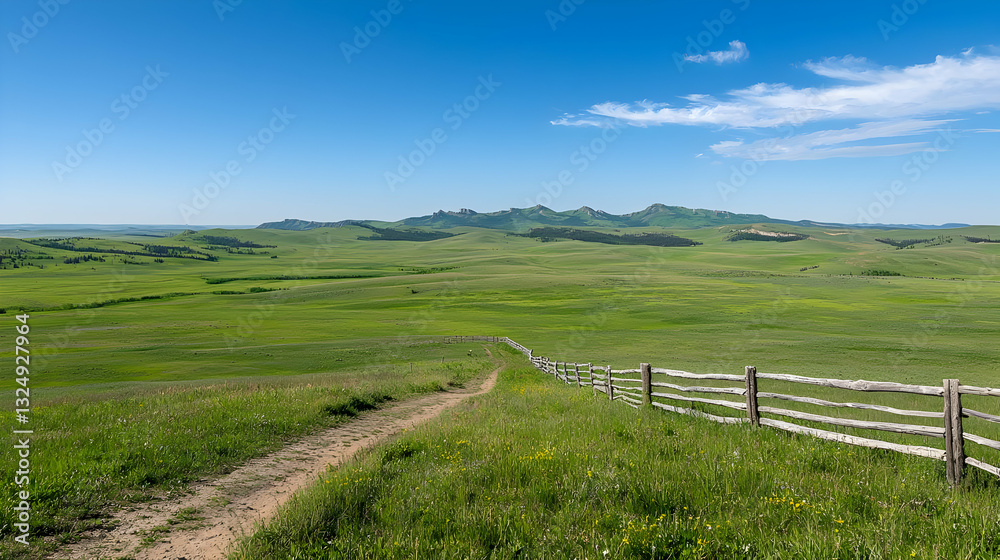 Expansive Green Field Under A Bright Blue Sky With Wooden Fence Trail and Distant Settlement Expansive Green Field Under A Bright Blue Sky With Wooden Fence Trail and Distant Settlement
