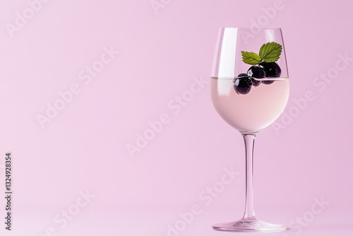 Refreshing kir cocktail garnished with blackcurrants and mint on a soft purple background