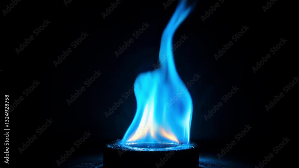 Turquoise flame burning in chemical experiment on black background, natural gas stove burner