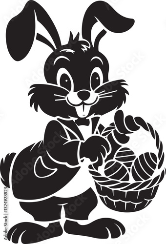 Cute Black and White Silhouette Easter Bunny Holding a Basket of Eggs 