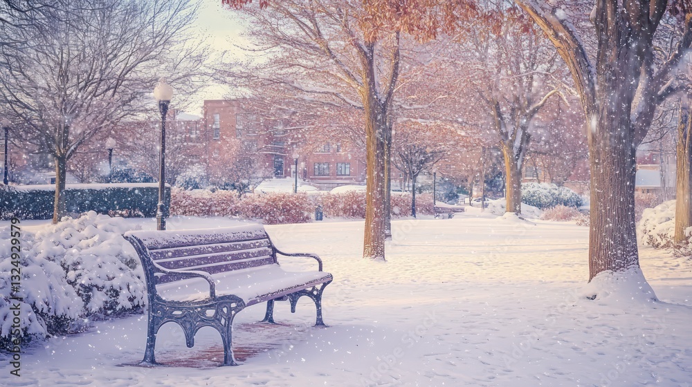 A snowy bench sits amidst a snow covered winter landscape scene A snowy bench sits amidst a snow covered winter landscape scene