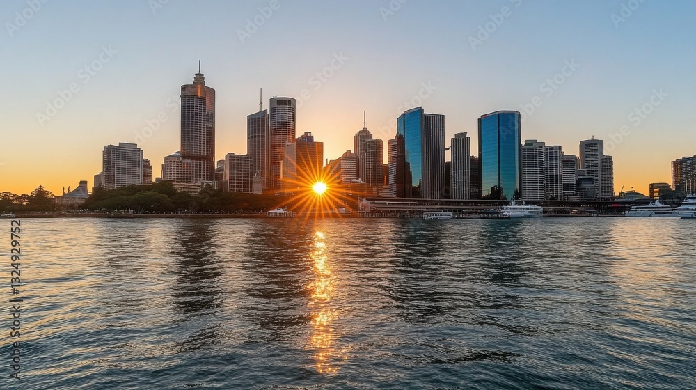 Obraz premium Stunning Sunrise Over City Skyline with Reflections on Water