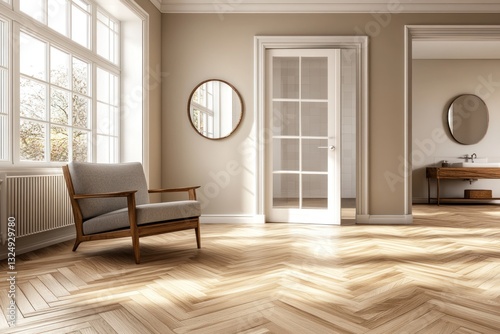 Wallpaper Mural Sunlit modern living room with hardwood floors, armchair, and doorway. Torontodigital.ca